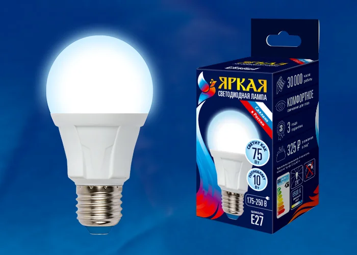 Лампа светодиодная 10W E27 175-250V 6500К 850Лм (дневной) Шар матовый (A60) Uniel, DW/FR PLP01WH