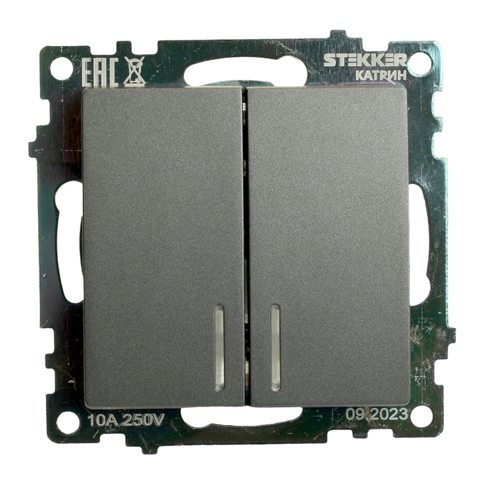 Выключатель двухклавишный (механизм) c индикатором 250В, 10А, графит, GLS10-7102-06 Катрин STEKKER