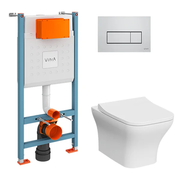 Комплект VITRA L-Box: унитаз Zentrum Square подвесной безободковый с инсталляцией и с клавишей смывания цвета хром