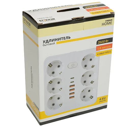 Удлинитель с заземлением 6 гнезд 1,8 метра 3x1мм2, 250В, 10А, 4USB+2Type-C 2,4А, серия Home, белый STEKKER HM09-66-02