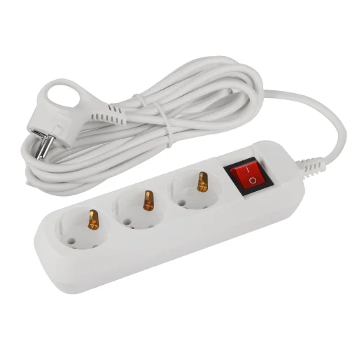 Удлинитель с заземлением с выключателем 3 гнезда 5 метров 10А, 3x0,75мм2 ПВС белый Россия ЭРА Greenline UDL-10-350-ES