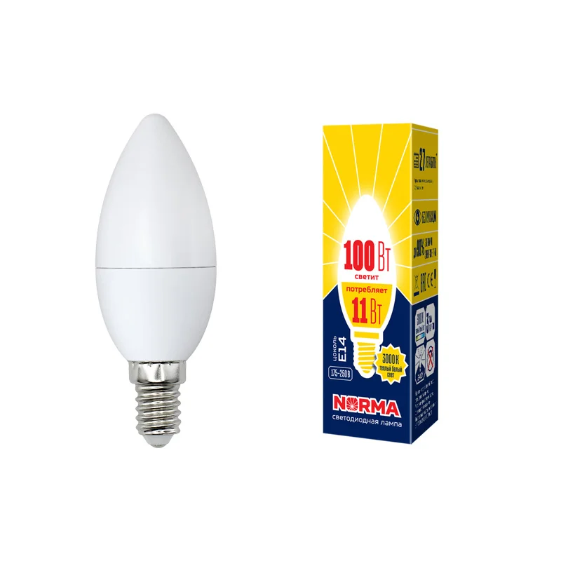 Лампа светодиодная 11W E14 220V 3000К 900Лм (теплый белый) Свеча матовый (C37) Volpe Norma
