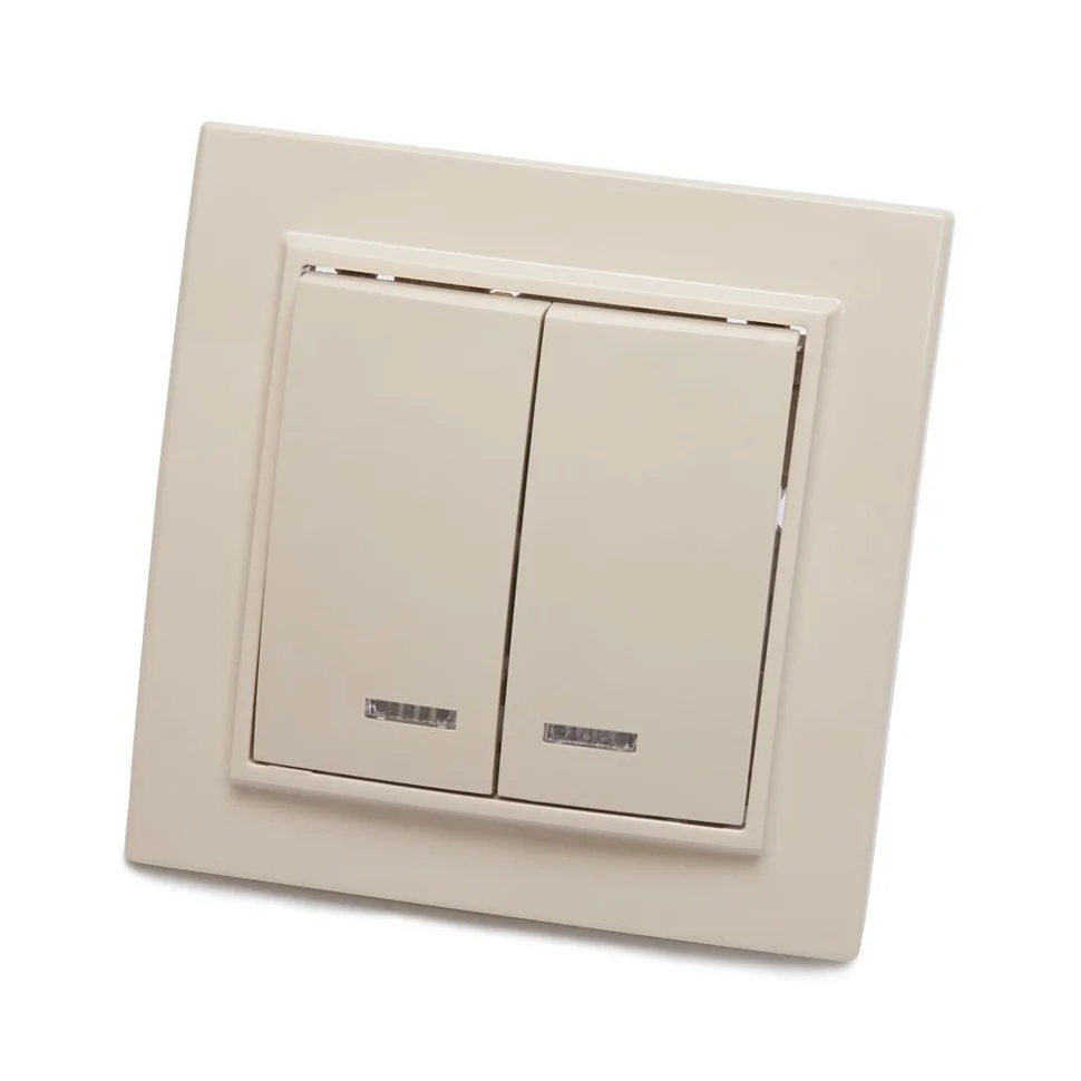 Выключатель двухклавишный СП 220V, 10А, c индикатором, слоновая кость (PSW10-9002-02) Эрна STEKKER