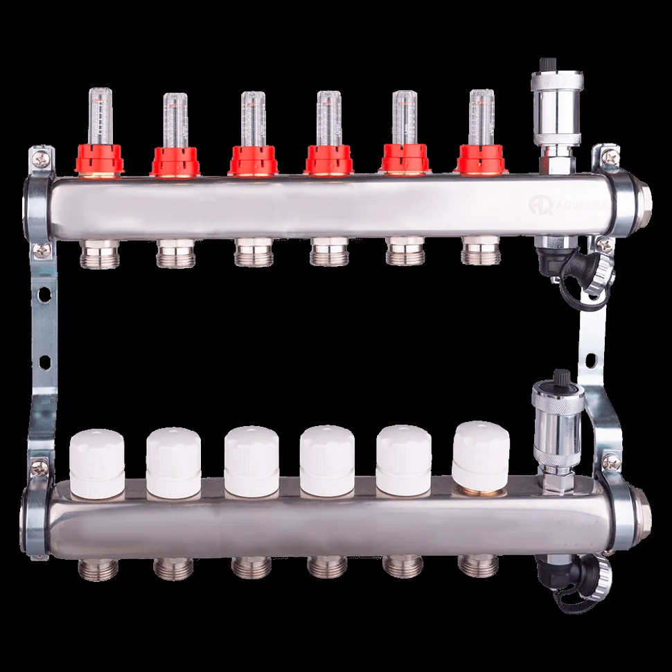 Группа коллекторная AQUALINK 1/1 (сталь) с регул. и дренаж. клапанами, расходомерами, автоматич. воздухоотводчиками 1", 6х3/4" (евроконус)