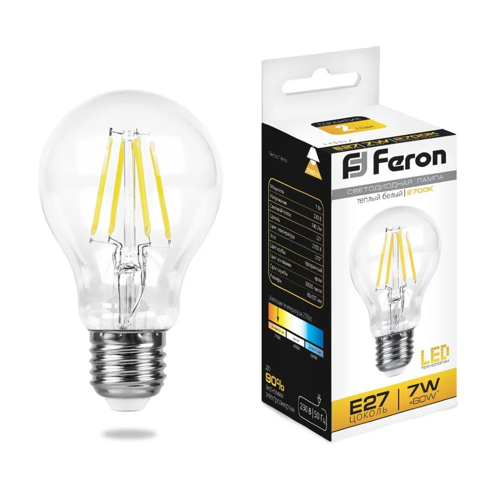 Лампа светодиодная 7W E27 230V 2700K 740Лм (желтый) Шар прозрачный (А60) Feron, LB-57