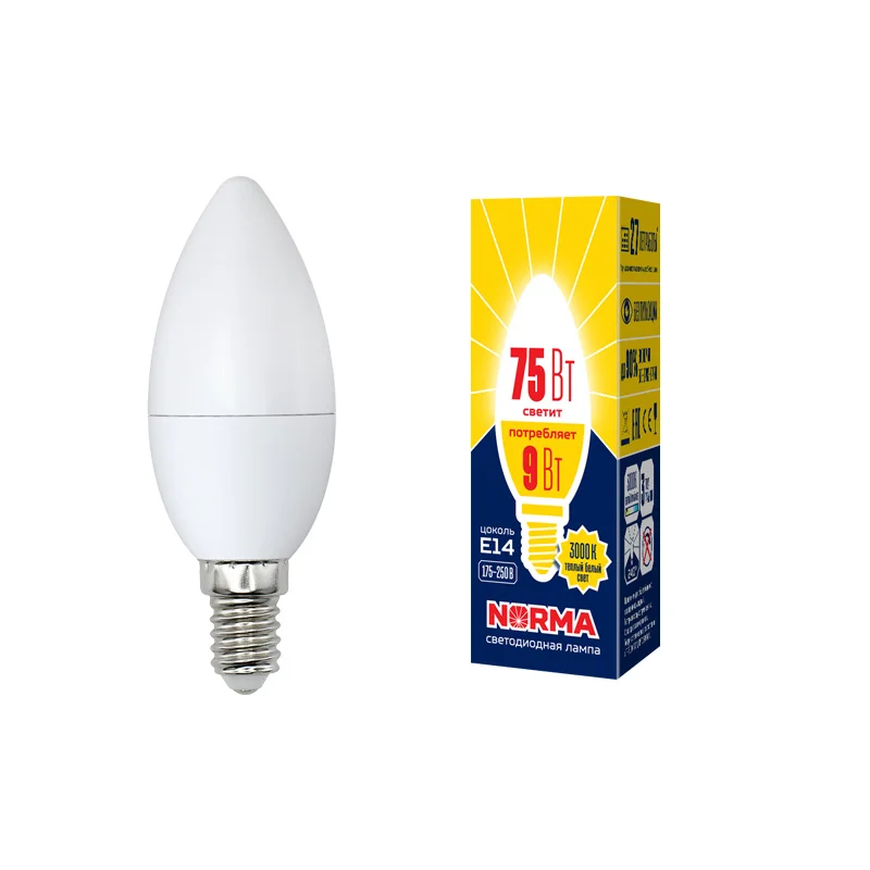Лампа светодиодная 9W E14 220V 3000К 750Лм (теплый белый) Свеча матовый (C37) Volpe Norma