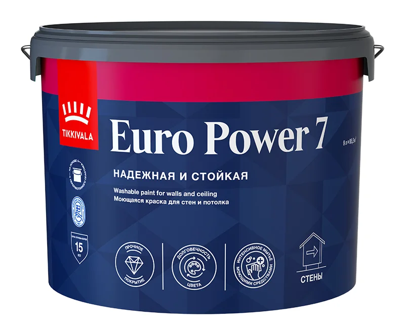 Краска ВД интерьерная моющаяся матовая Tikkivala (Tikkurila) EURO POWER 7 База А 9л