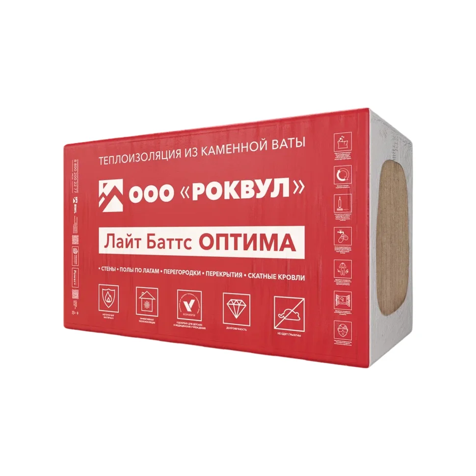 Утеплитель Роквул ЛАЙТ БАТТС Оптима 50мм в упаковке 10 плит 1000*600 0,3 м3 - 6,0 кв.м, плотность 32 кг/м3 (20уп.на поддоне)