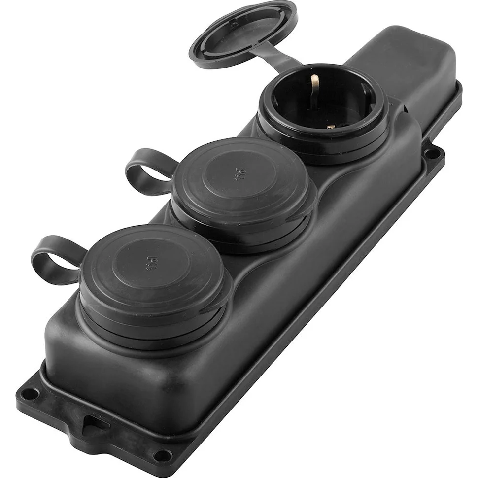 Колодка каучуковая с заземлением 3 гнезда 16А IP44 черная Китай STEKKER RST16-23-44