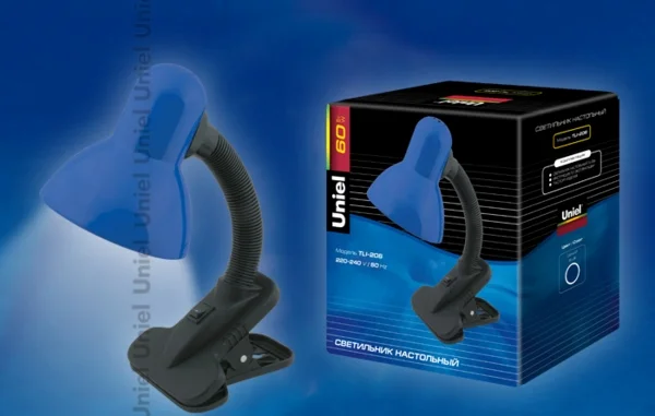 Лампа настольная на прищепке Uniel TLI-206 синий, 60W Е27 (коробка)