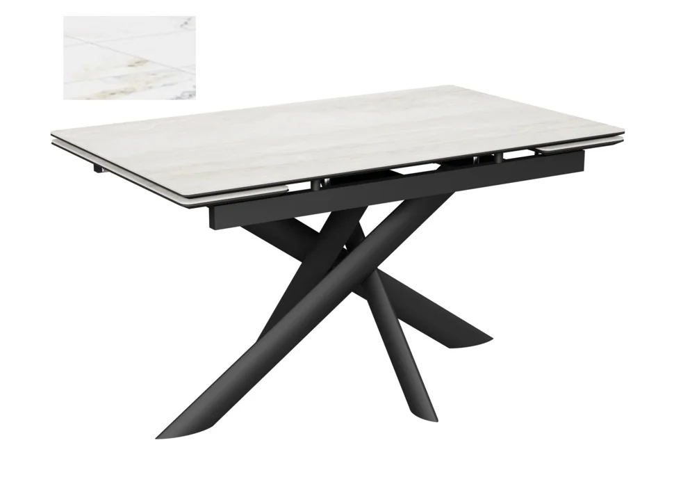 Стол Итали-2С 160х90 (+30+30) (царга Черный/МДФ+PVC Черный/Ice Jade) + Нога №115Е (черный)