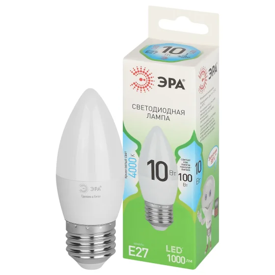 Лампа светодиодная 10W E27 220V 4000К 1000Лм (белый) Свеча (B35) ЭРА, GREEN LINE LED B35-10W-840-E27 GL
