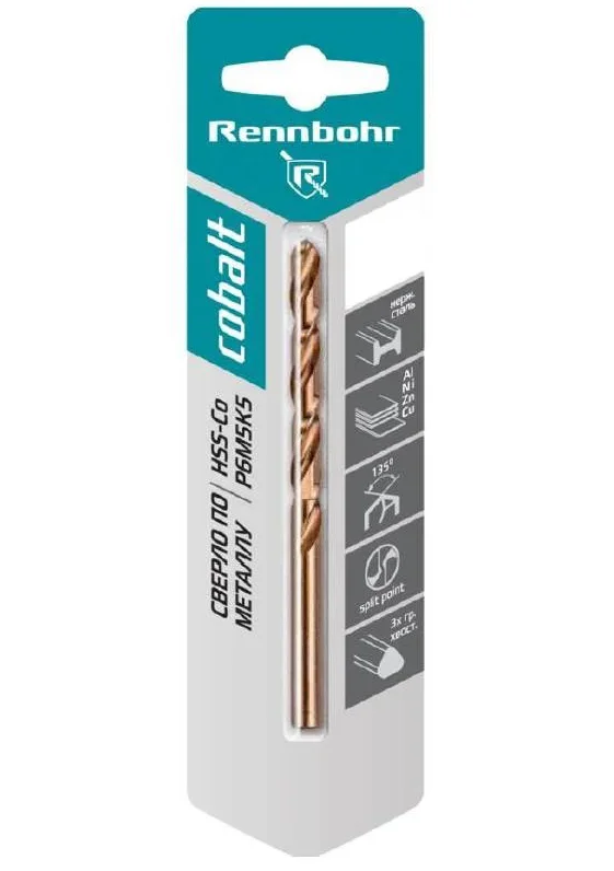 Сверло по металлу 04,2х75мм RENNBOHR COBALT CARD, HSS-Со, Р6М5К5 (2 шт.) кобальтовое, фрез