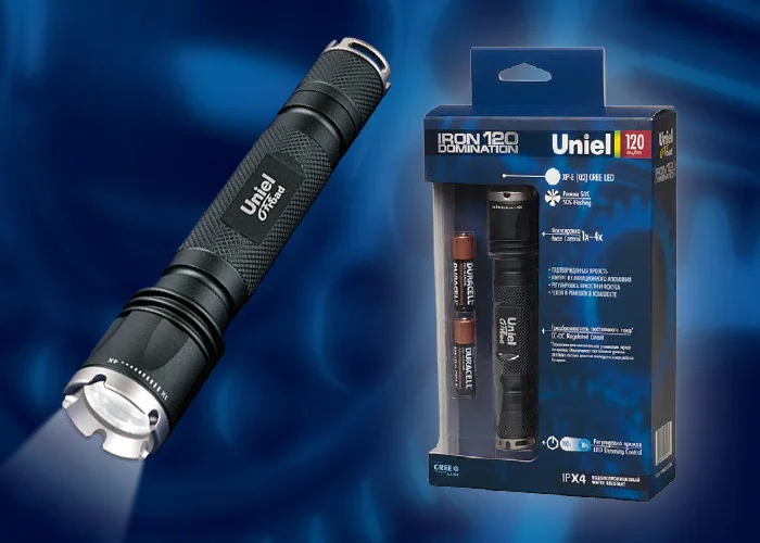 Фонарь ручной Uniel Премиум &#171;Iron domination-120&#187;, алюминиевый корпус, XP-С &#123;Q2&#125; CREE LED, 2 х AA, черный, P-ML073-BB Black