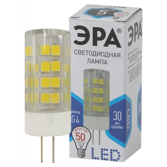 Лампа светодиодная 5W G4 220V 4000K 400Лм (белый) ЭРА JC-5W-220V-CER-840-G4
