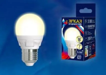 Лампа светодиодная 7W E27 200-250V 3000К 600Лм (теплый) Шар матовый Uniel Яркая
