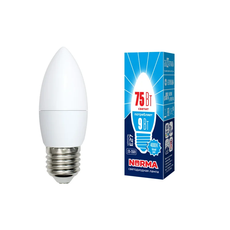 Лампа светодиодная 9W E27 220V 4000К NW (белый) Свеча матовый (C37) Volpe Norma