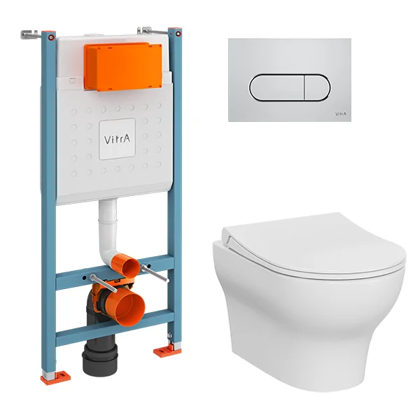 Комплект VITRA L-Box: унитаз Zentrum Round подвесной безободковый SmoothFlush с инсталляцией и с клавишей смывания Root Round хром глянцевый