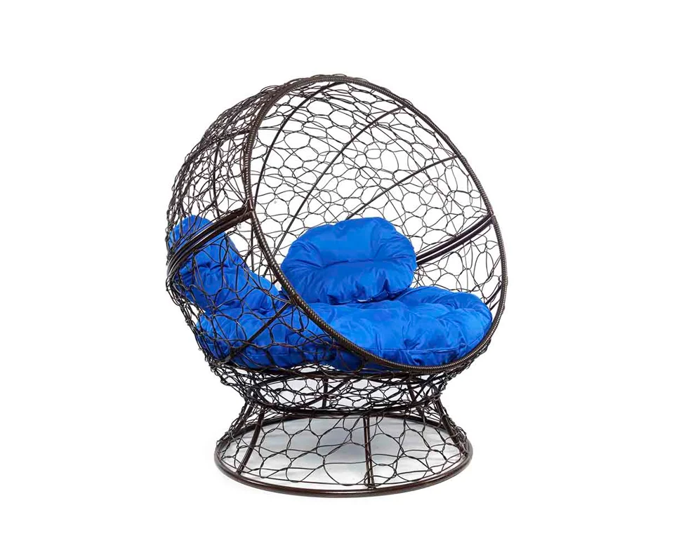 Кресло АПЕЛЬСИН с ротангом коричневое, синяя подушка