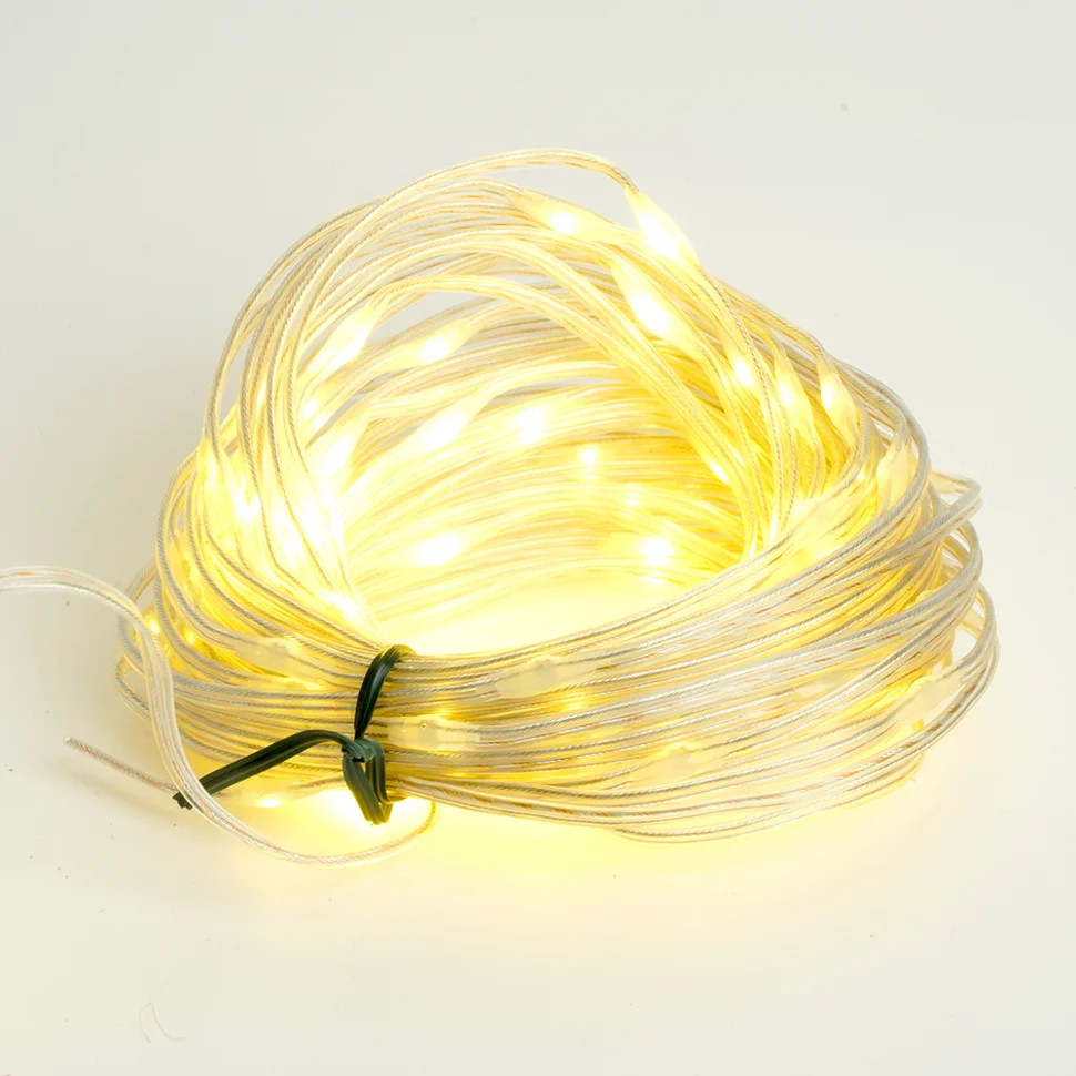 Гирлянда линейная Роса (на плоском проводе) 220V, 100 LED 10м, 2700К, IP 20, прозрачный шнур 3м, FERON CL578