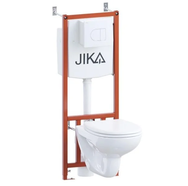 Унитаз подвесной JIKA DINO с инсталляцией, сиденьем дюропласт, петли хром, клавиша смыва белая