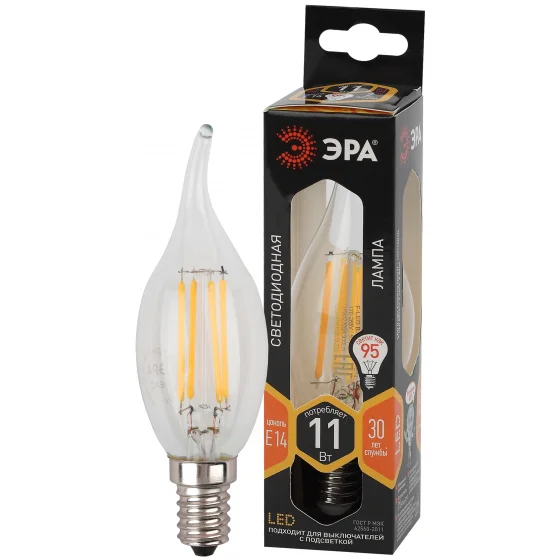 Лампа светодиодная 11W E14 220V 2700K (желтый) Свеча на ветру (BXS) ЭРА, F-LED BXS-11W-827-E14