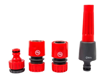 Набор поливочный QUATTRO ELEMENTI 4 предмета. Соединитель 1/2"-2шт, штуцер 1/2" и 3/4", насадка поливочная