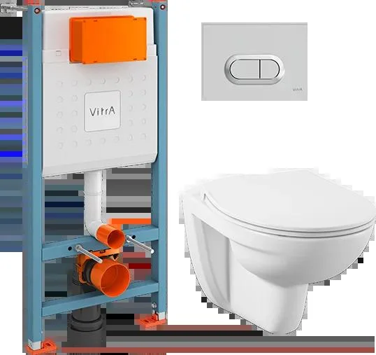 Комплект VITRA L-Box: унитаз S10 подвесной безободковый Spinflush с инсталляцией и с клавишей смывания хром