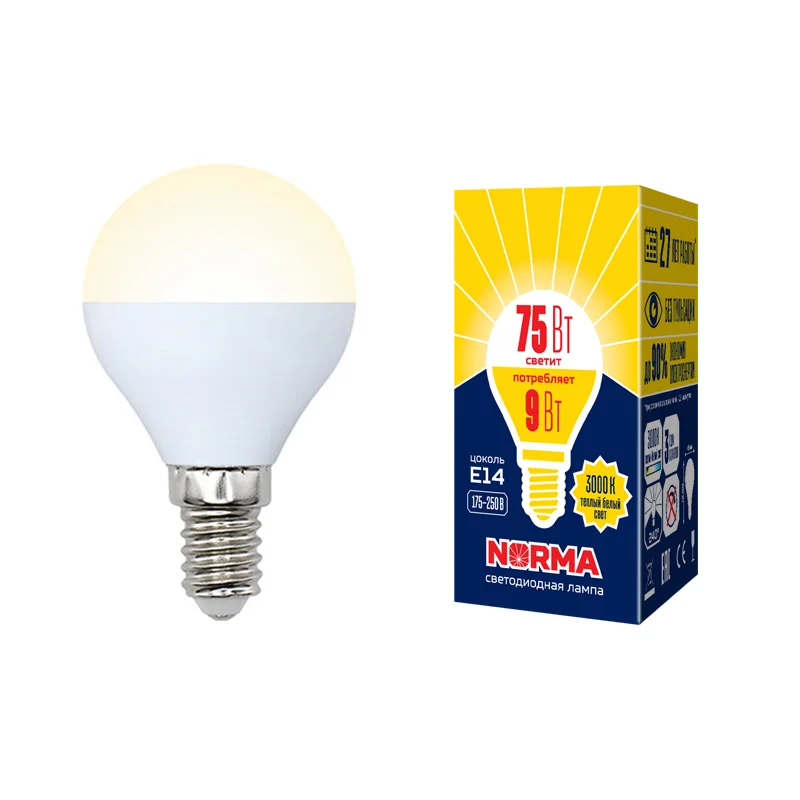 Лампа светодиодная 9W E14 220V 3000К 750Лм (теплый белый) Шарик матовый (G45) Volpe Norma
