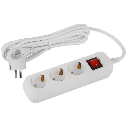 Удлинитель с заземлением с выключателем 3 гнезда 3 метра 16А, 3x1мм2 ПВС белый Россия ЭРА Greenline UDL-16-330-ES