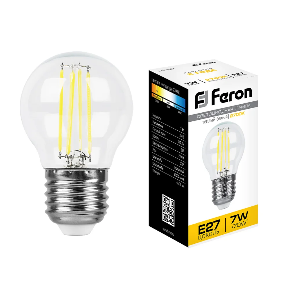 Лампа светодиодная 7W E27 230V 2700K 740Лм (желтый) Шарик прозрачный(G45) Feron, LB-52