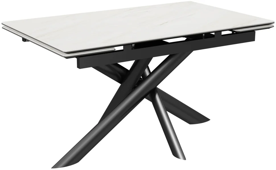 Стол Итали-2С 160х90 (+30+30) (царга Черный/МДФ+PVC Черный/White marble) + Нога №115Е (черный)
