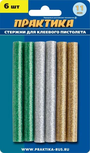 Стержни для клеевого пистолета 11х100мм, 6 шт, ПРАКТИКА, цветные, 3 цвета, металлик, блистер
