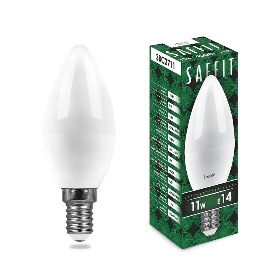 Лампа светодиодная 11W E14 230V 4000K 905Лм (белый) Свеча (C37) SAFFIT, SBC3711