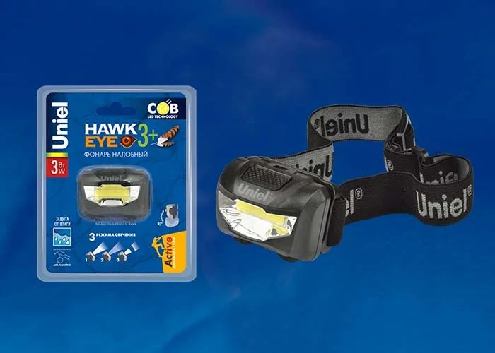 Фонарь налобный Uniel Стандарт &#171;Hawkeye- 3Watt+&#187;, пластиковый корпус, 3 Watt LED, 3хААА, черный, S-HL017-C Black