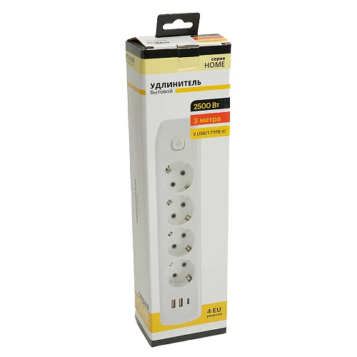 Удлинитель с заземлением 4 гнезда 3,0 метра 3x1мм2, 250В, 10А, 2USB+1Type-C 2,4А, серия Home, белый STEKKER HM08-43-02