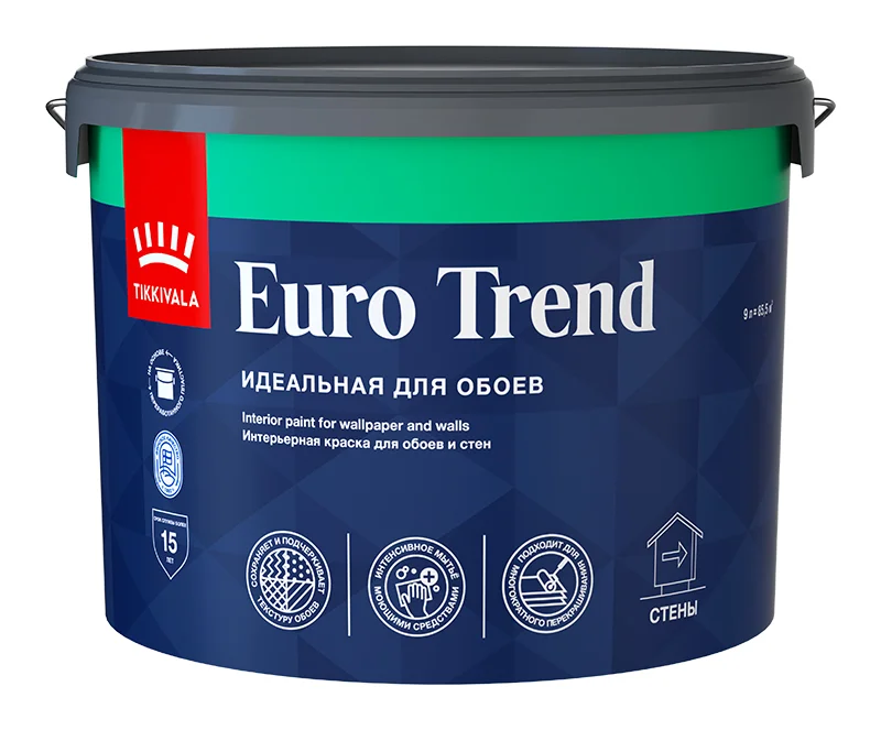 Краска ВД интерьерная для обоев и стен матовая Tikkivala (Tikkurila) EURO TREND База C 9л