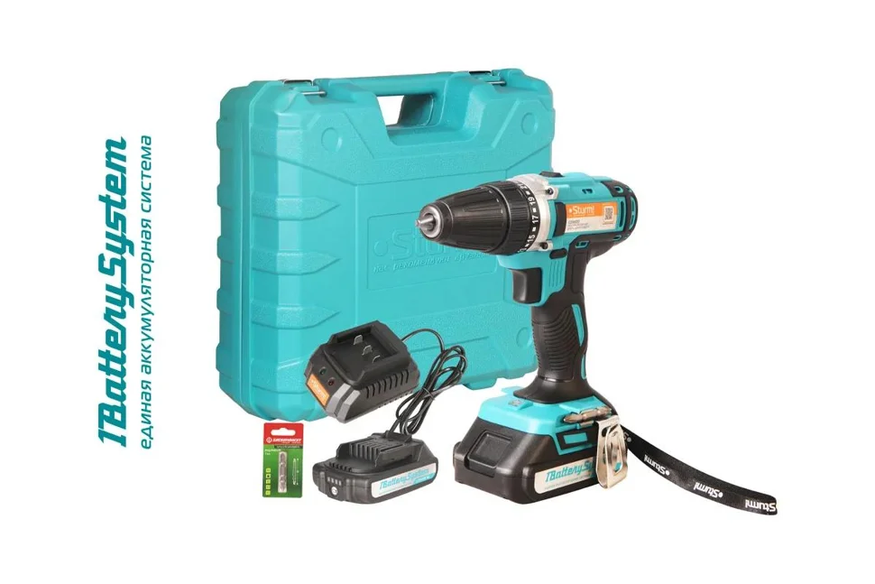 Дрель-шуруповерт аккумуляторная 20В, 1BatterySystem, 32Нм, конусный патрон, 2х2.0Ач, кейс Sturm