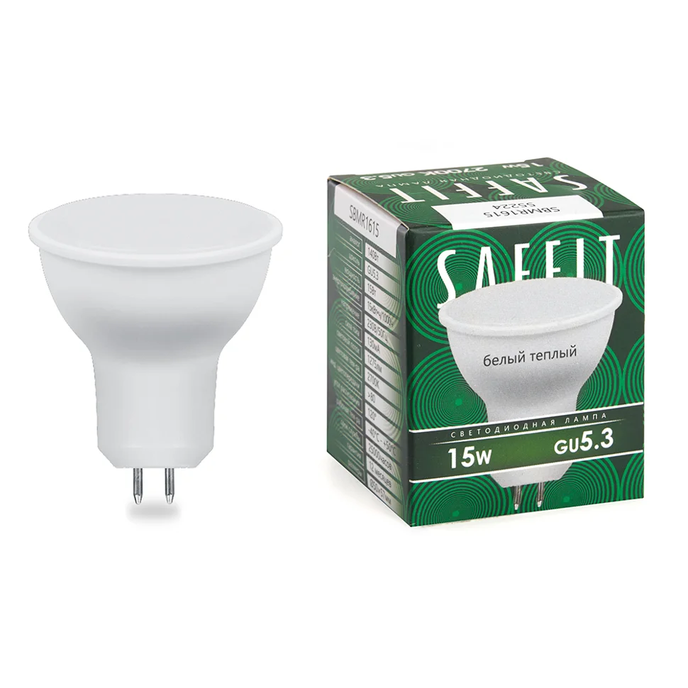 Лампа светодиодная 15W GU5.3(MR16) 230V 2700K 1275Лм (желтый) SAFFIT, SBMR1615