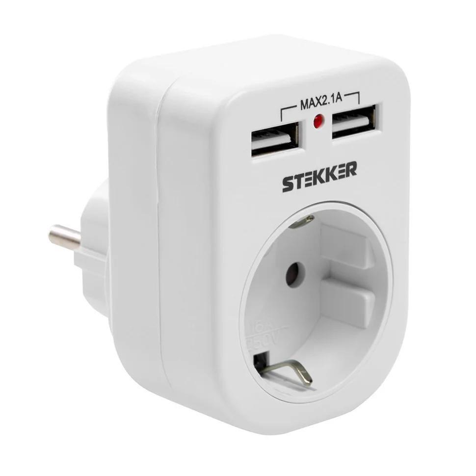 Переходник с заземлением (+ 2 USB 2,1А), 250В, 16A, белый ADP16-24-20, STEKKER