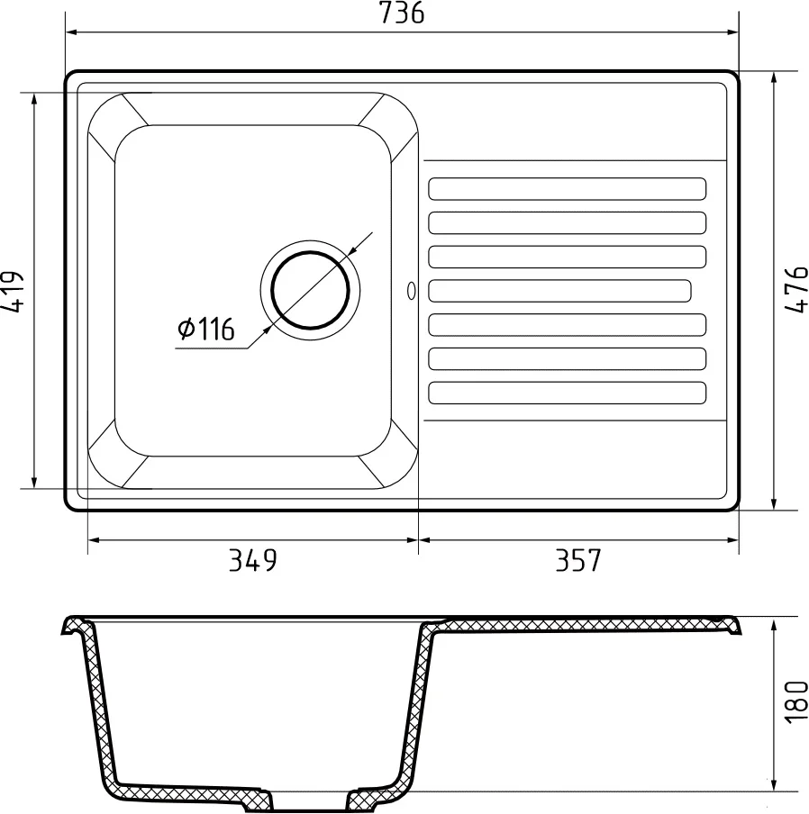 Мойка кварцевая ЭкоМ 7448 1-чаша+крыло 740*480мм цвет серый арт.7448 серый