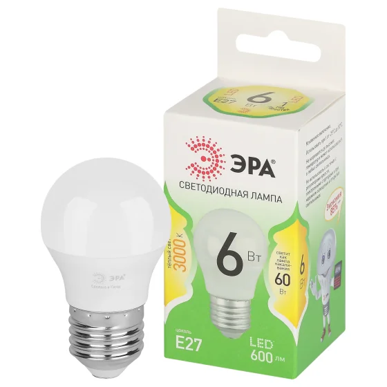 Лампа светодиодная 6W E27 220V 3000К 600Лм (теплый) Шарик (P45) ЭРА, GREEN LINE LED P45-6W-830-E27 GL