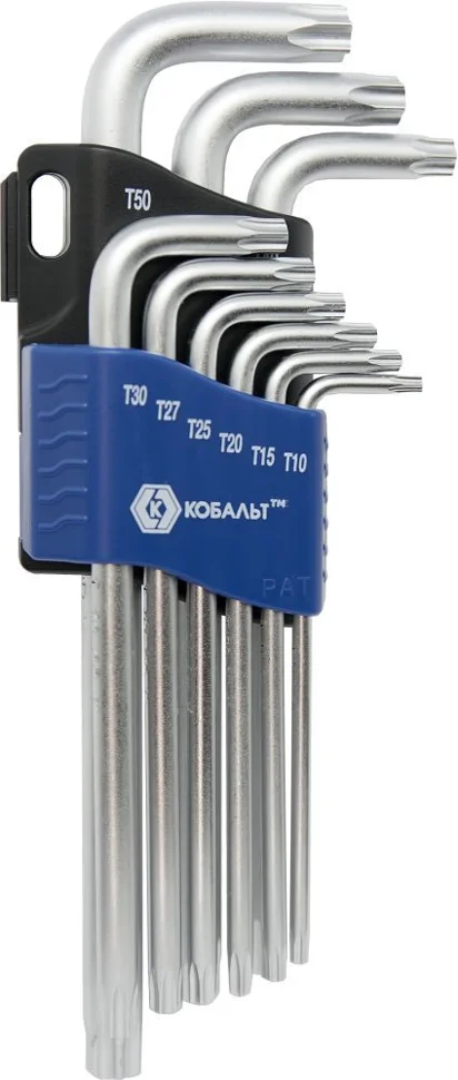 Набор ключей угловых удлинённых КОБАЛЬТ Tamper TORX: T10, T15, T20, T25, T27, T30, T40, Т45, Т50, CR-V, подвес