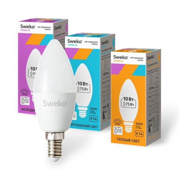 Лампа светодиодная 10Вт E14 220В 6500K 950Лм (холодный) Свеча (C35) Sweko 42 серия 42LED-C35-10W-230-6500K-E14