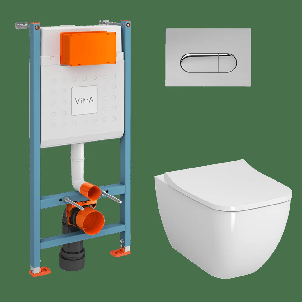 Унитаз подвесной Vitra Shift L-Box Rim-ex безободковый с инсталляцией, сиденьем и панелью смыва глянцевый хром в комплекте