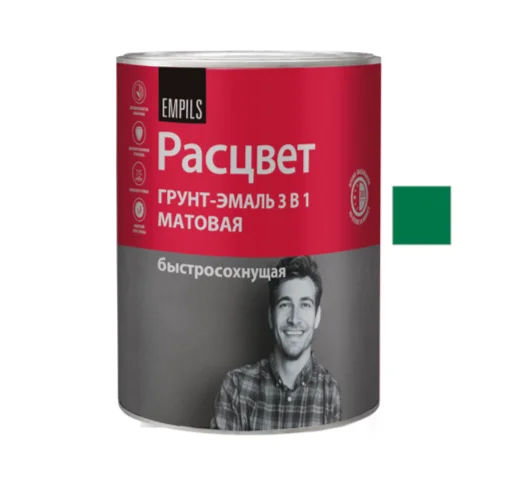 Грунт-эмаль по ржавчине 3 в 1 быстросохнущая зеленая матовая 0,9кг РАСЦВЕТ