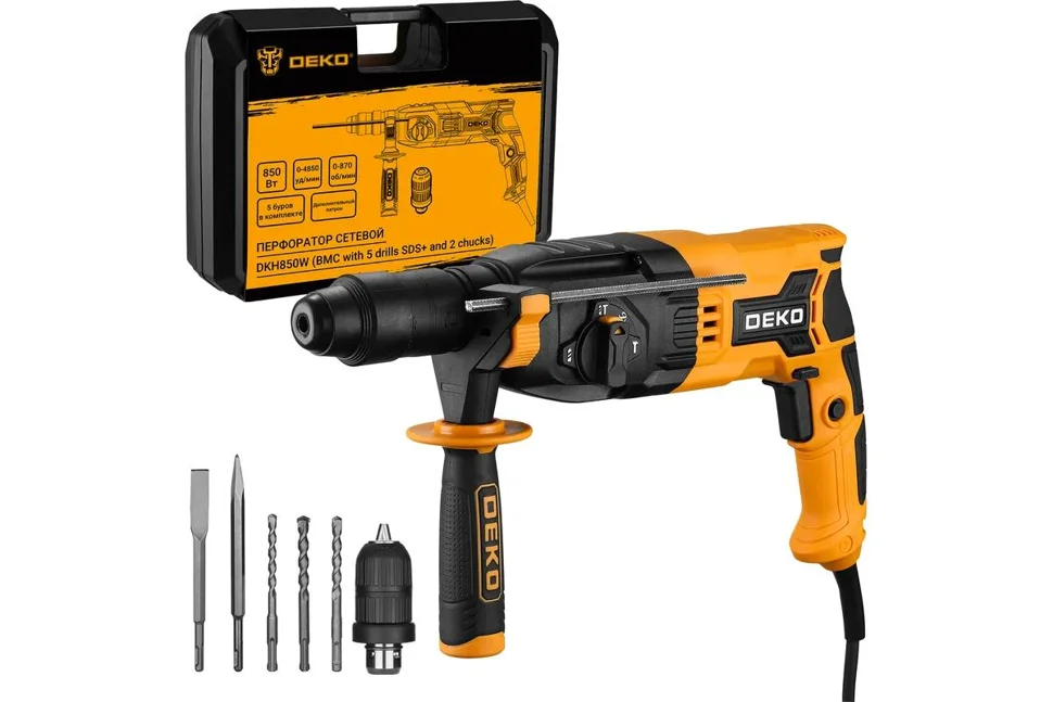 Перфоратор DEKO DKH850W в кейсе с набором из 5 буров SDS+, 850Вт