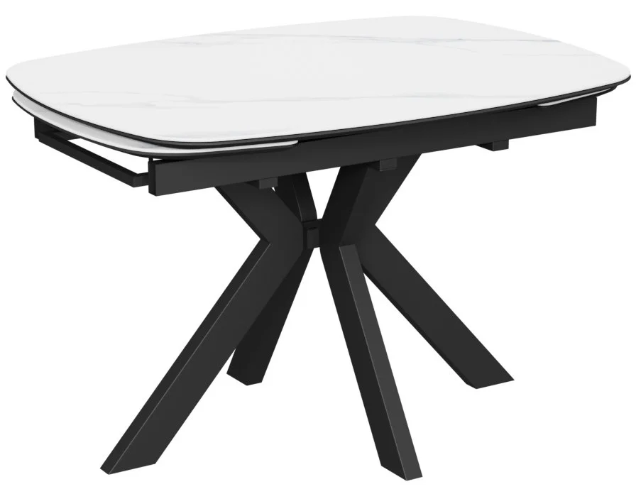 Стол Шиноби-1С размер 120х90 (+25+25) (царга Чёрный/МДФ+PVC Чёрный/White marble)+Нога №125Q (черный)