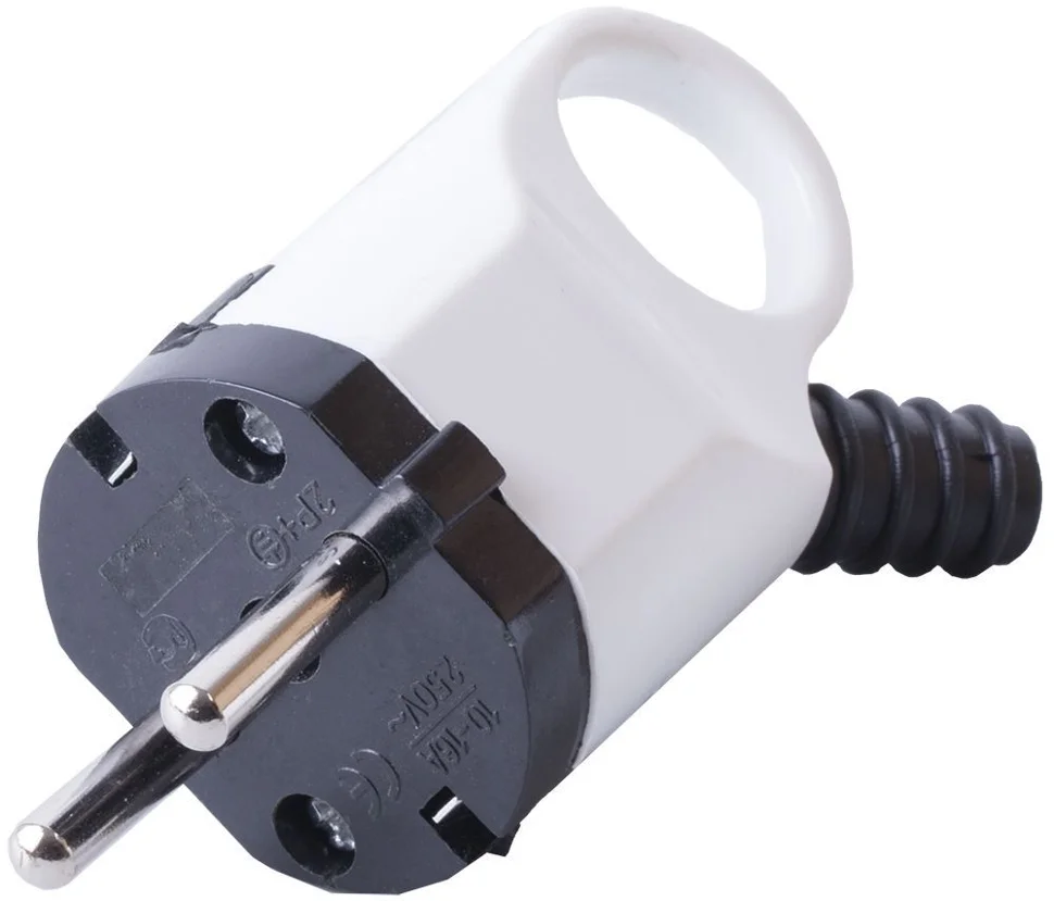 Вилка 16А 250В IP20 белая, с заземлением, угловая с ушком (PPG16-40-202) STEKKER