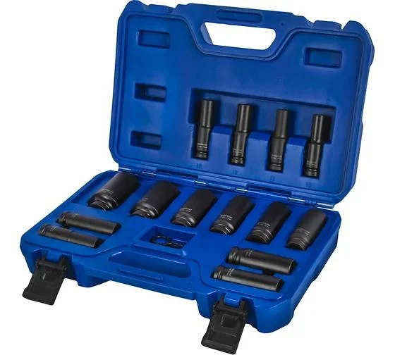 Набор головок торцевых ударных глубоких КОБАЛЬТ 1/2", 18 ПРЕДМЕТОВ: головки 14 шт. (10 - 32 мм), 2 кольца, 2 штифта, CR-MO, кейс
